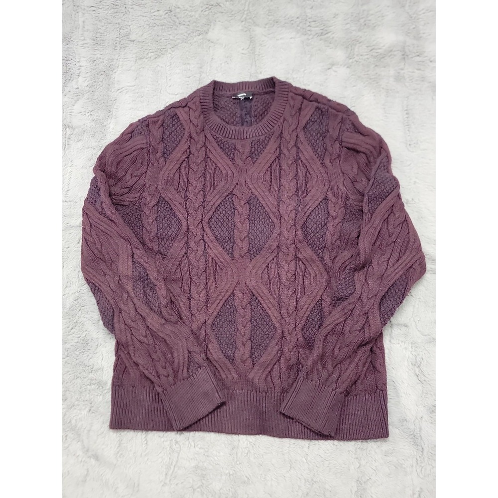 Express Sweater Mens Medium Purple Chunky Cable Knit Heavy Crewneck Pullover